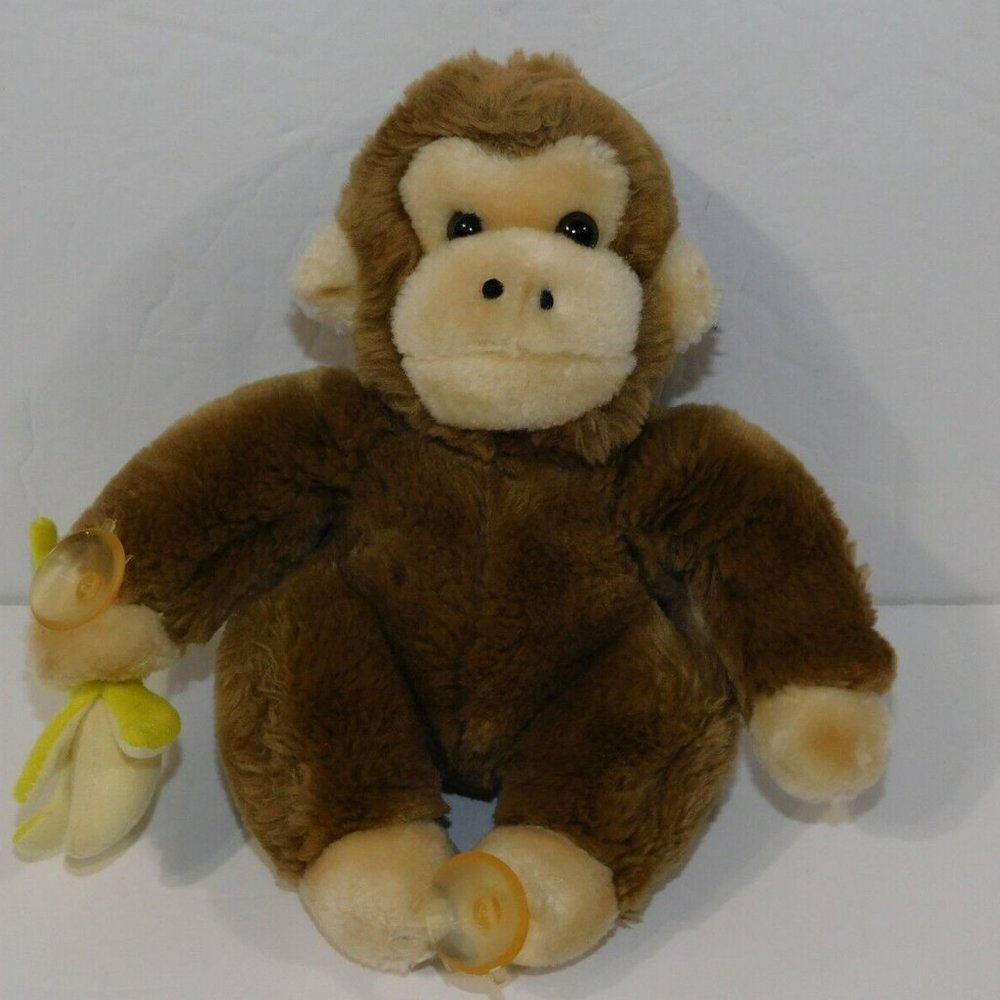 VTG 1987 Prestige Toy Corp 8" Plush brown Monkey w Banana Suction Cups Window